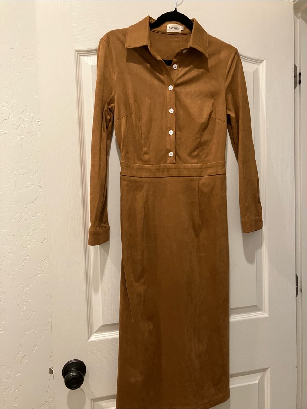 Button-Front Long Sleeve Shirt Dress in Cognac